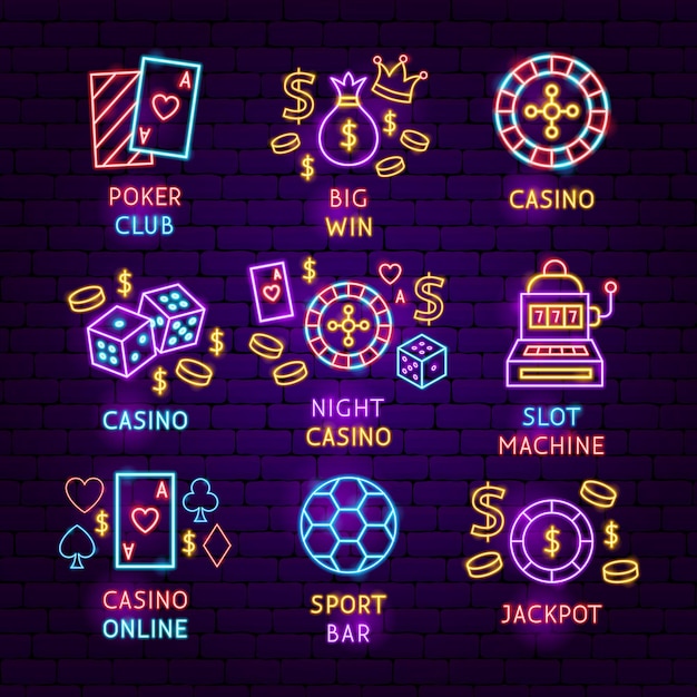 Jeu D'étiquettes Au Néon De Jeu De Casino. Illustration Vectorielle De La Promotion Du Jeu.