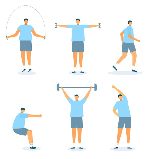 Jeu D'exercices Illustration Vectorielle Personnage Homme Faire Fitness Isolé Sur Blanc Séance D'entraînement Pour Un Corps Sain...