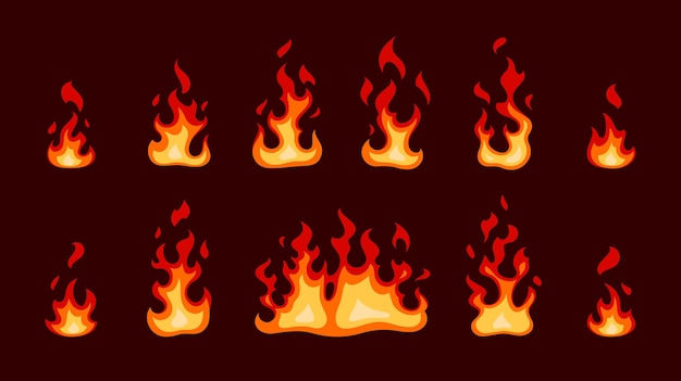 Jeu de feu plat Flammes isolées sur fond sombre Illustration vectorielle