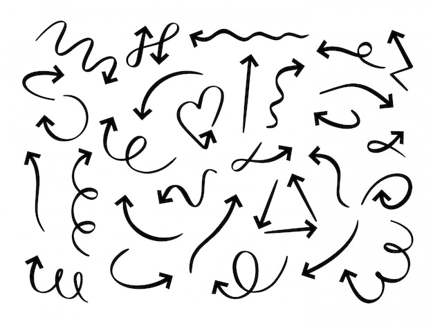 Jeu de flèches dessinées à la main. Flèche d'esquisse, ligne pointue façon griffonnage incurvée et jeu de pointeurs ronds doodle. Marqueur torsadé et circulaire. Pointe de flèche de direction, pack d'indicateurs sur fond blanc