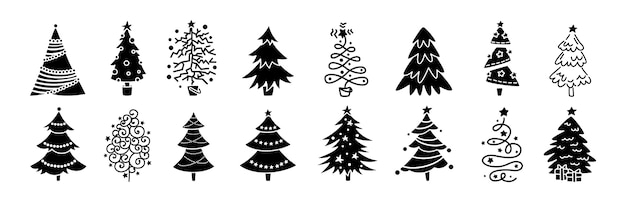 Jeu De Glyphe Noir De Dessin Animé De Sapin De Noël. Dessin à La Main De La Collection D'arbres De Noël Monochromes. Ornements, étoiles Ou Guirlandes De Conception Traditionnelle Du Nouvel An