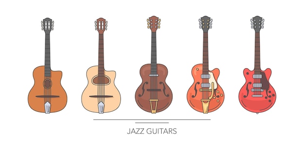 Jeu de guitare jazz Contour des guitares colorées sur fond blanc Illustration vectorielle