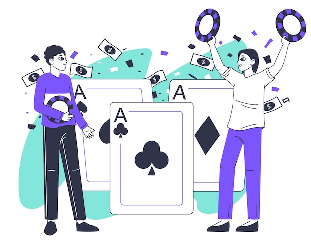 Jeu De Hasard Chanceux Jeu De Cartes De Poker Joueurs Heureux Les Gens Gagnent Des Jeux De Casino Argent Prix Gagnant Illustration Vectorielle Plane Sur Fond Blanc