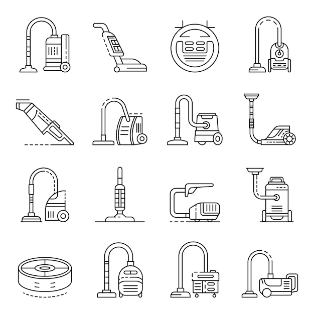 Vecteur jeu d'icônes d'aspirateur. ensemble de contour des icônes vectorielles aspirateur