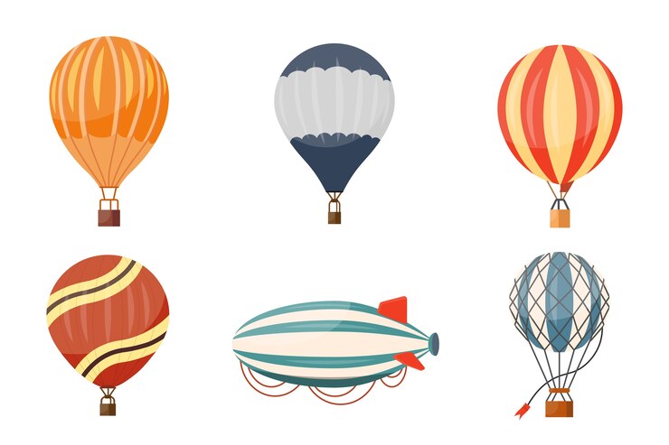 Jeu d'icônes de ballon à air chaud et dirigeable. Voyage d'été en montgolfière aventure dessin animé hotair.