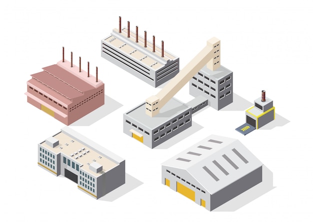 Vecteur jeu d'icônes de bâtiment industriel ou d'usine isométrique