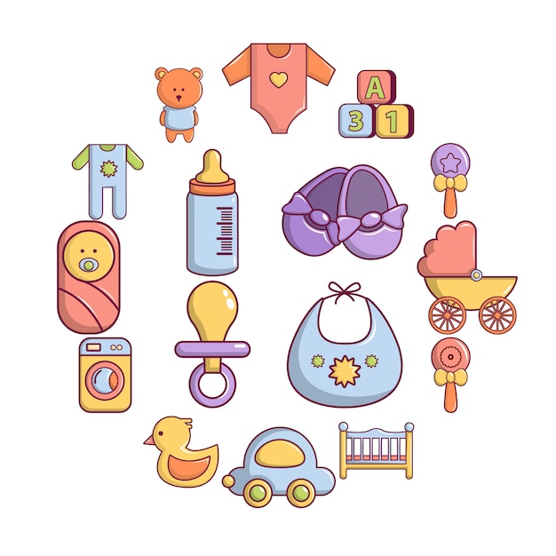 Jeu d'icônes de bébé né, style cartoon