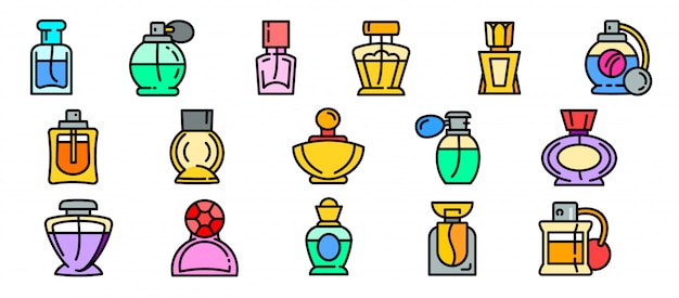 Vecteur jeu d'icônes de bouteilles de parfum, style de contour