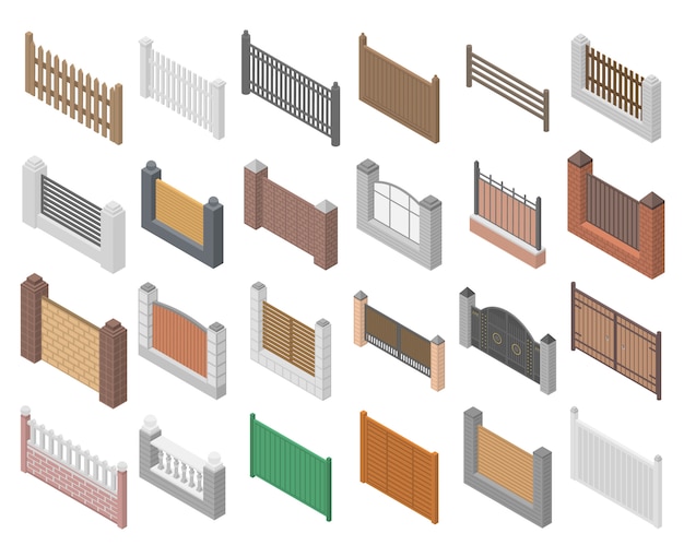 Jeu d'icônes de clôture, style isométrique