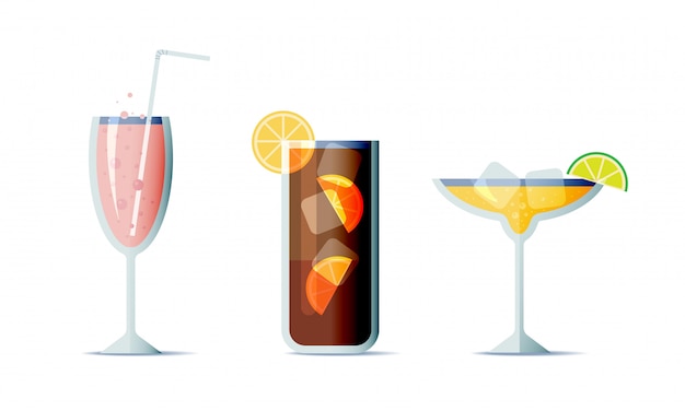 Jeu D'icônes De Cocktails Dans Un Style Design Plat Branché. Trois Boissons Alcoolisées Populaires Pour Le Menu De Conception