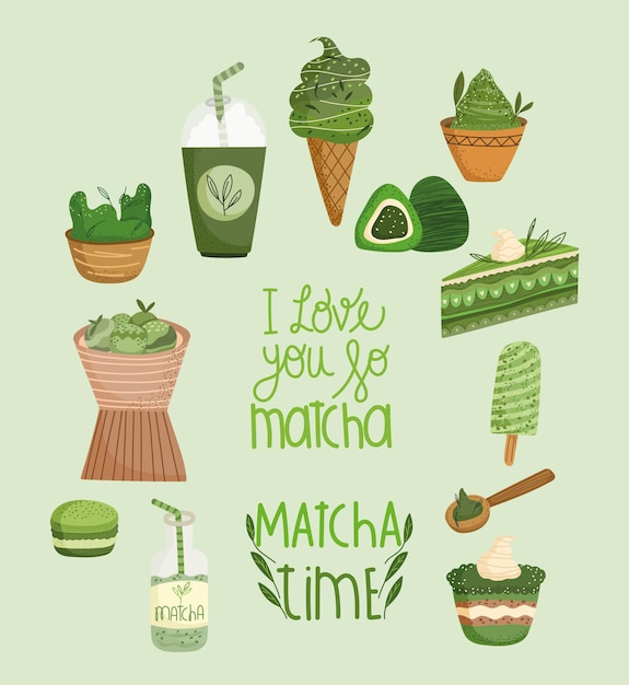 jeu d'icônes de concept de temps de matcha