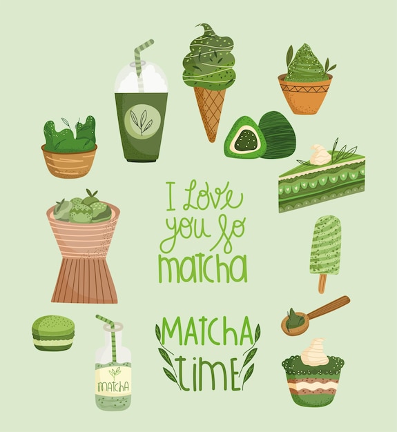 Jeu D'icônes De Concept De Temps De Matcha