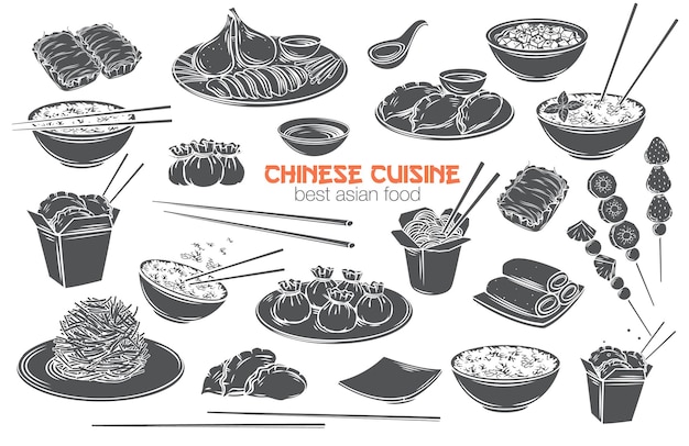 Vecteur jeu d'icônes de coupe isolée de glyphe monochrome de cuisine chinoise. cuisine asiatique gravée