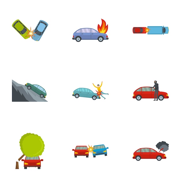 Vecteur jeu d'icônes de crash de voiture, style cartoon