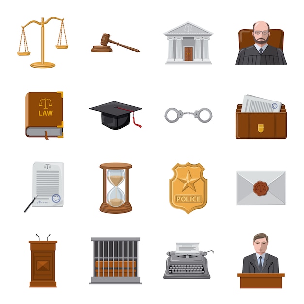 Vecteur jeu d'icônes de dessin animé de cour, tribunal et droit.