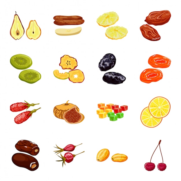 Jeu d'icônes de dessin animé de fruits secs Jeu d'icônes de dessin animé isolé fruits secs.