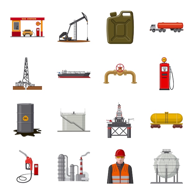 Jeu d'icônes de dessin animé de production pétrolière. illustration production d'huile.