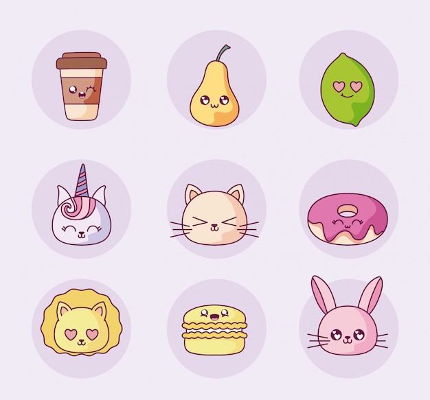 Vecteur jeu d'icônes de dessins animés kawaii isolés vector design