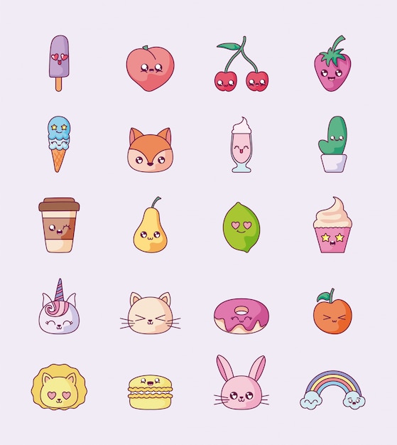 Vecteur jeu d'icônes de dessins animés kawaii isolés vector design