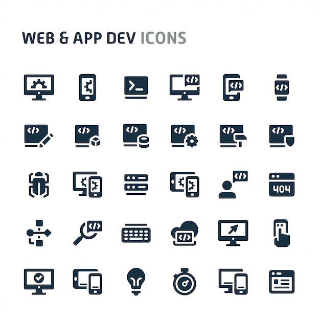Jeu d'icônes de développement de sites Web et d'applications. Série d'icônes Fillio Black.
