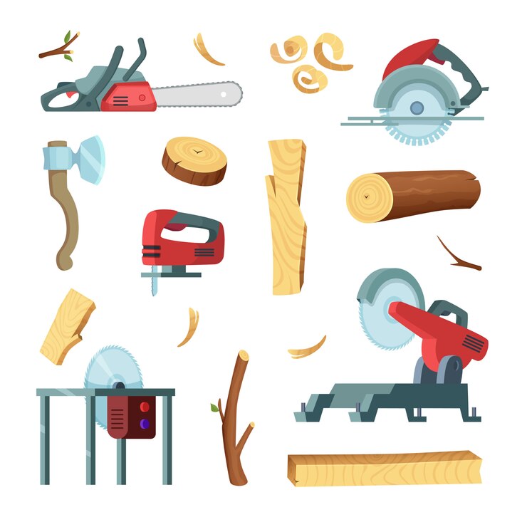 Vecteur jeu d&#39;icônes de différents outils de production de l&#39;industrie du bois