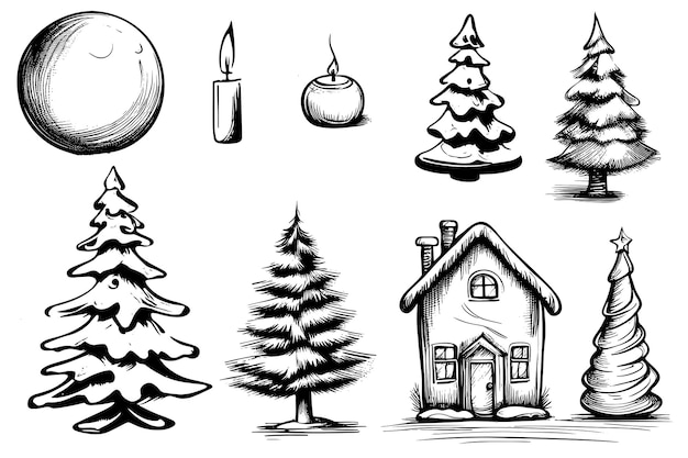 Jeu d'icônes de doodle dessinés à la main de Noël joyeux Noël bonne année symbole rétro style de croquis maison mignonne