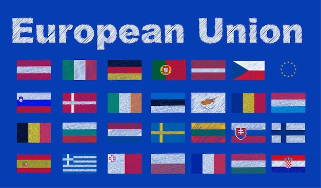 Vecteur jeu d'icônes de drapeau pays européens. illustration stylisée en broderie. pays de l'union européenne
