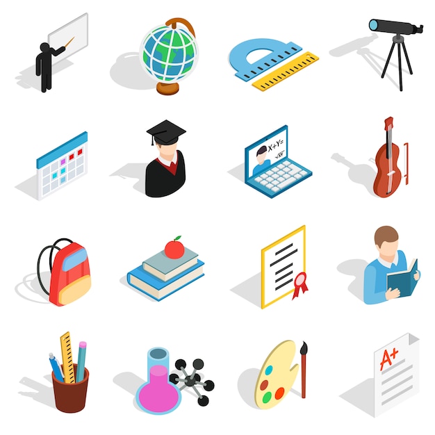 Jeu d'icônes de l'éducation isométrique. Icônes d'éducation universelles à utiliser pour le Web et l'interface utilisateur mobile, illustration vectorielle d'éléments d'éducation de base isolés