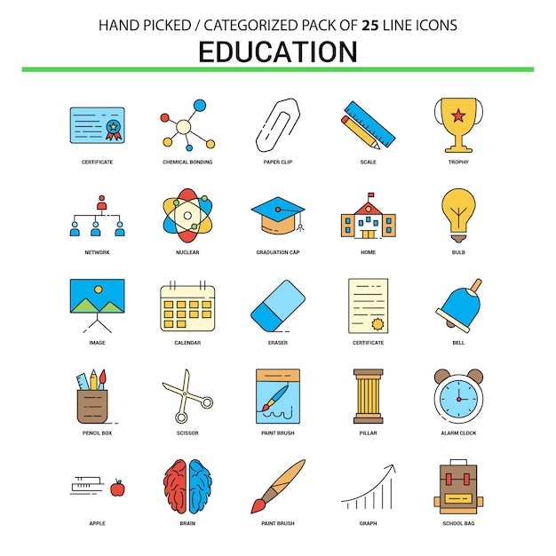 Jeu d'icônes de l'éducation ligne plate
