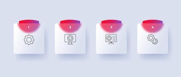 Jeu d'icônes d'engrenages Ingénierie des machines et fonctionnement des systèmes complexes Concept de progrès Style Glassmorphism Icône de ligne vectorielle pour les affaires et la publicité