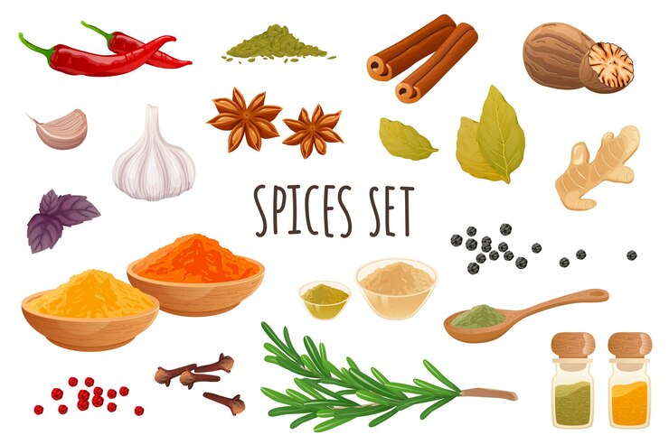 Jeu d'icônes d'épices dans un design 3d réaliste Bundle de piment cannelle ail gingembre romarin muscade