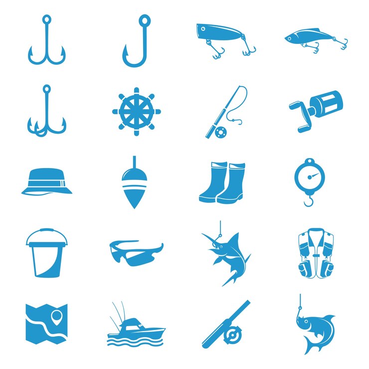 Jeu d'icônes d'équipement de pêche simple