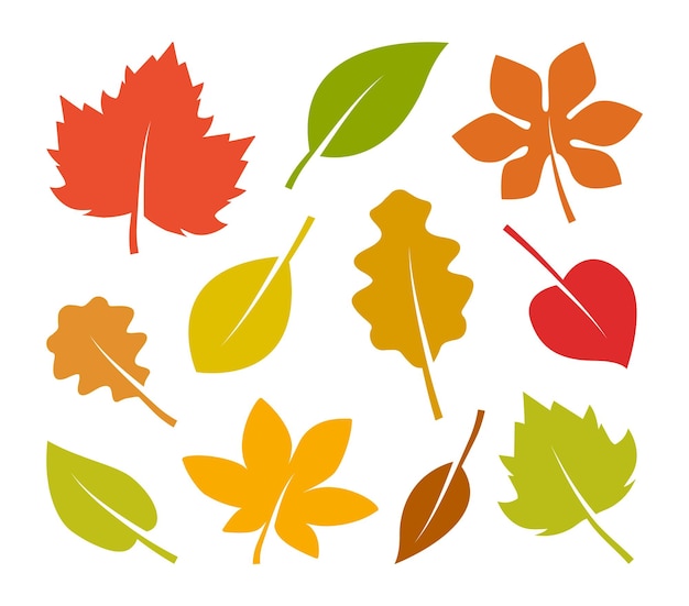 Jeu D'icônes De Feuilles D'automne Feuilles D'automne Colorées D'arbres Style Plat De Dessin Animé Simple