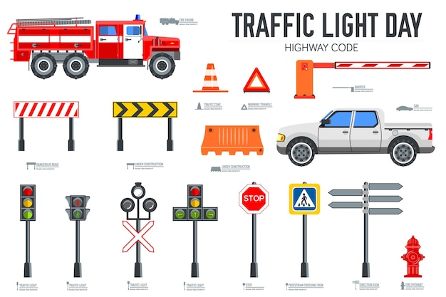 Jeu d'icônes de feux de circulation et de code de la route