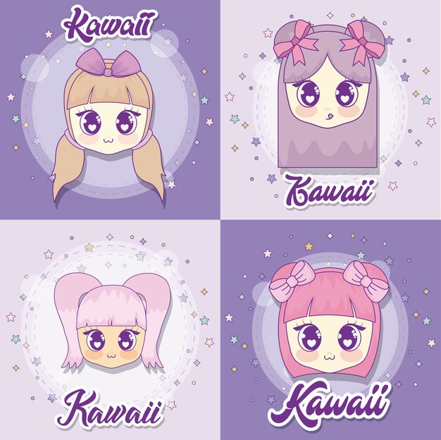 Vecteur jeu d'icônes de filles anime kawaii