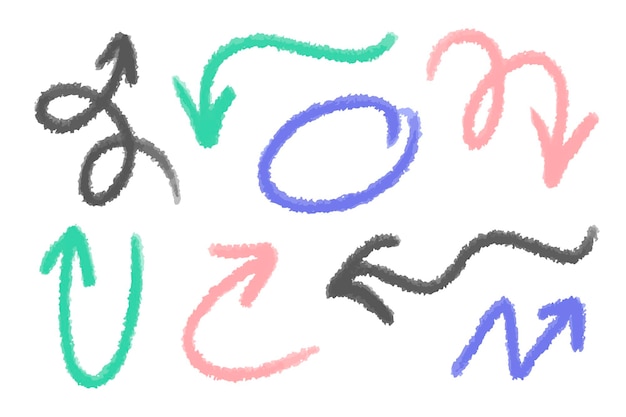 Vecteur jeu d'icônes de flèche de courbe de couleur dessinés à la main isolé sur illustration vectorielle de fond noir doodle
