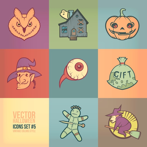 Jeu D'icônes D'halloween. Style De Couleurs Vintage