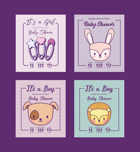 Jeu D'icônes D'invitations De Douche De Bébé Avec Des Animaux Mignons Sur Fond Violet