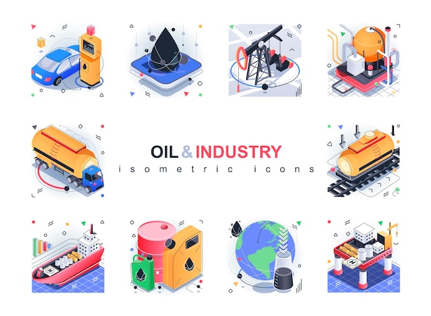 Jeu D'icônes Isométriques De L'industrie Pétrolière Extraction Et Transport De La Station De Remplissage D'essence à L'huile