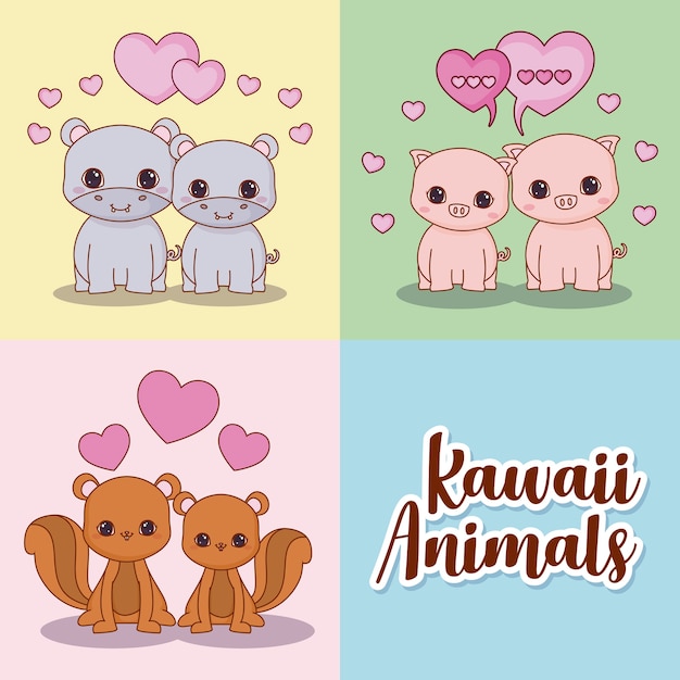 Jeu D'icônes De Kawaii Dans L'amour Couple D'animaux