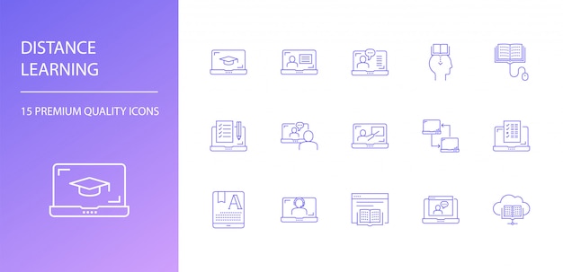 Jeu d'icônes de ligne d'apprentissage à distance
