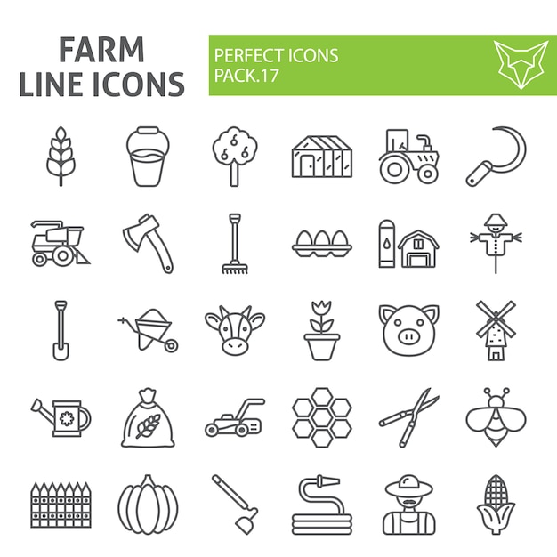 Jeu d'icônes de ligne de ferme, collection d'agriculture
