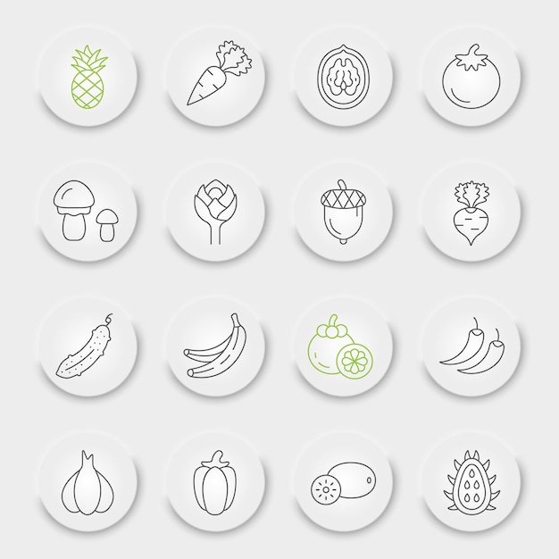 Jeu d'icônes de ligne de fruits et légumes