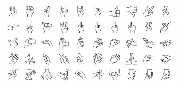 Jeu d'icônes de ligne de gestes de la main.
