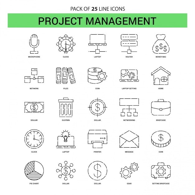 Jeu D'icônes De Ligne De Gestion De Projet - 25 Styles De Contour En Pointillés