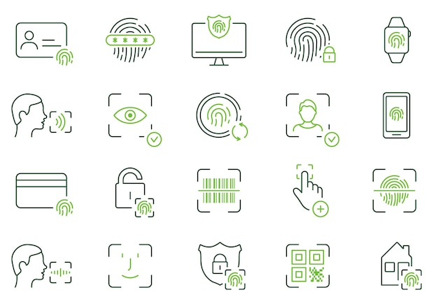 Jeu D'icônes De Ligne D'identification Biométrique Face Id Touch Id Pictogrammes De Couleur Identité Faciale D'empreintes Digitales