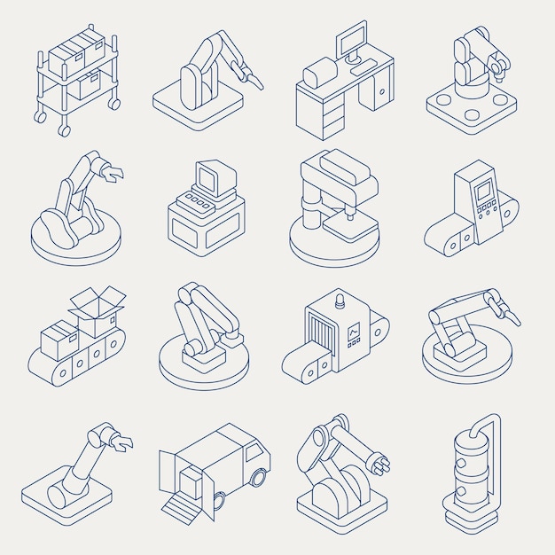 Jeu D'icônes De Ligne Mince Isométrique De Vecteur De Ligne De Production Automatisée