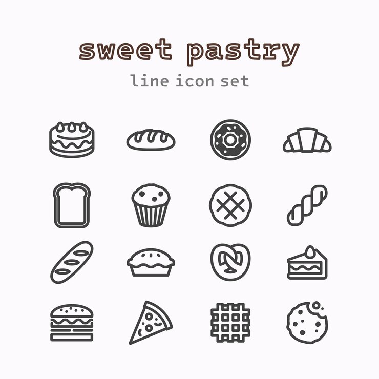 Vecteur jeu d'icônes de la ligne de pâtisserie sucrée
