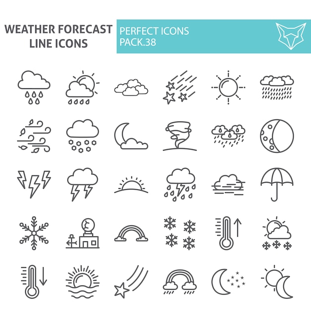 Vecteur jeu d'icônes de ligne de prévisions météorologiques, collection climatique