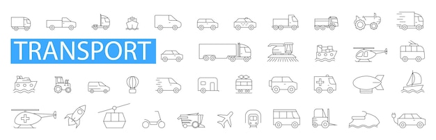 Vecteur jeu d'icônes de ligne de transport icônes de véhicule types de transport illustration vectorielle jeu d'icônes de véhicule de transport et de livraison icônes de transport de ligne